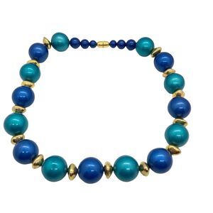 choker necklace Vintage 80s style bold beaded short blue green gold tone women
